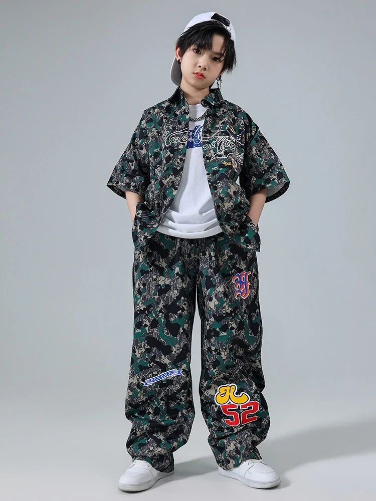 Disfraz de baile de Hip Hop para niños, abrigo de camuflaje suelto de manga corta, pantalones, ropa de actuación de baile callejero, ropa de tambor, BL13002