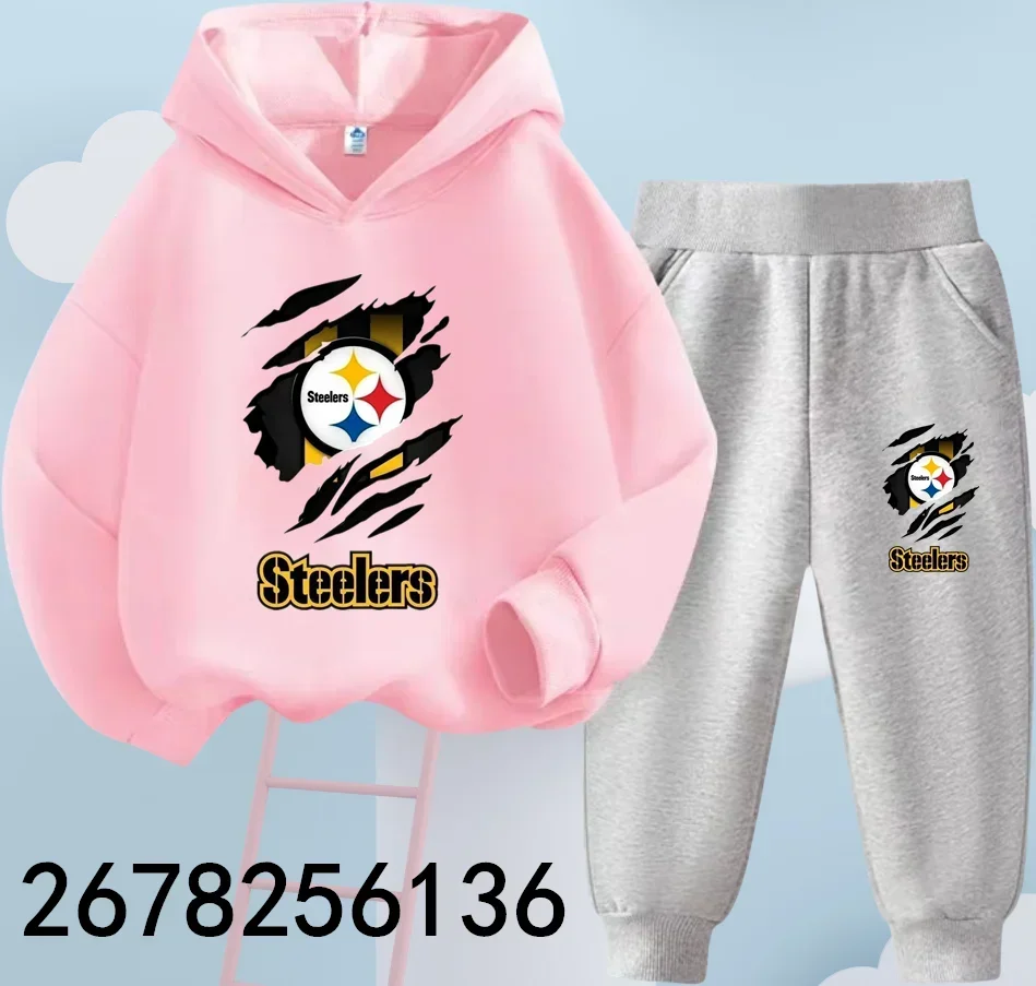 Steelers Rugby Team Girls Suit Kids Long Sleeve Cartoon Hoodies+Long Pants 2pcs Set Child Sports Clothing Casual Girls Outfits