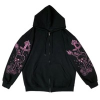 Black Printed Zipper Hoodie Jacket Korean Style Women's Coat Vintage Hat Winter Thickened Full Sleeve Pocket Design