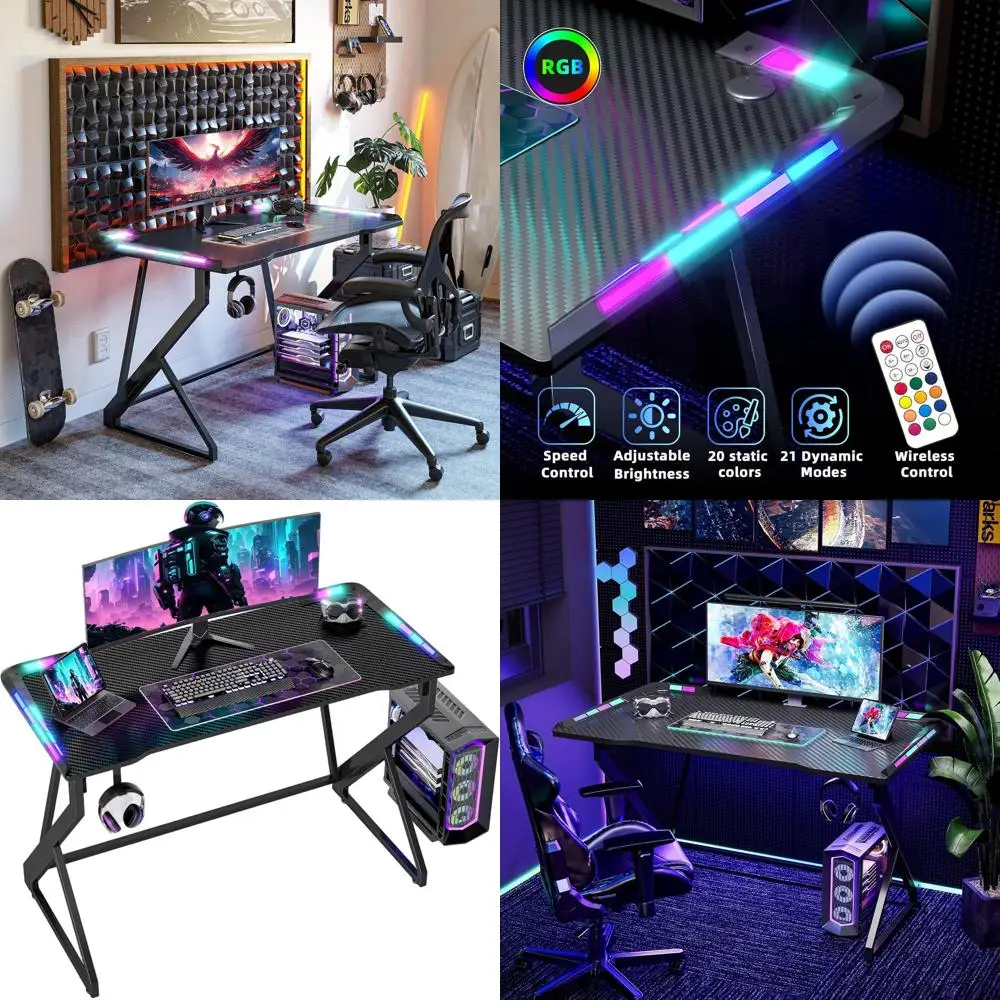 

LED-Illuminated 40 Z-Shaped Gaming Desk with Carbon Fiber Surface for PC Gamers