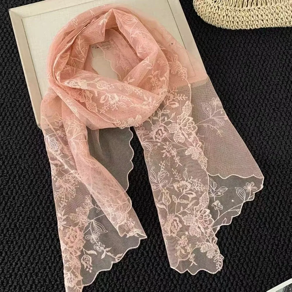 Casual Retro Women's Lace Scarf Long Korean Version Sunscreen Shawl Pearl embellishment Solid Color Female Headscarf