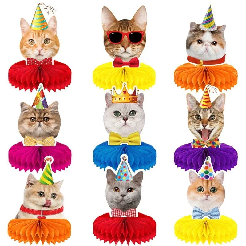 

New 9 Piece Set Cat Birthday Party Decorations Kids Party Supplies Honeycomb Ornaments Cake Decoration Background Center