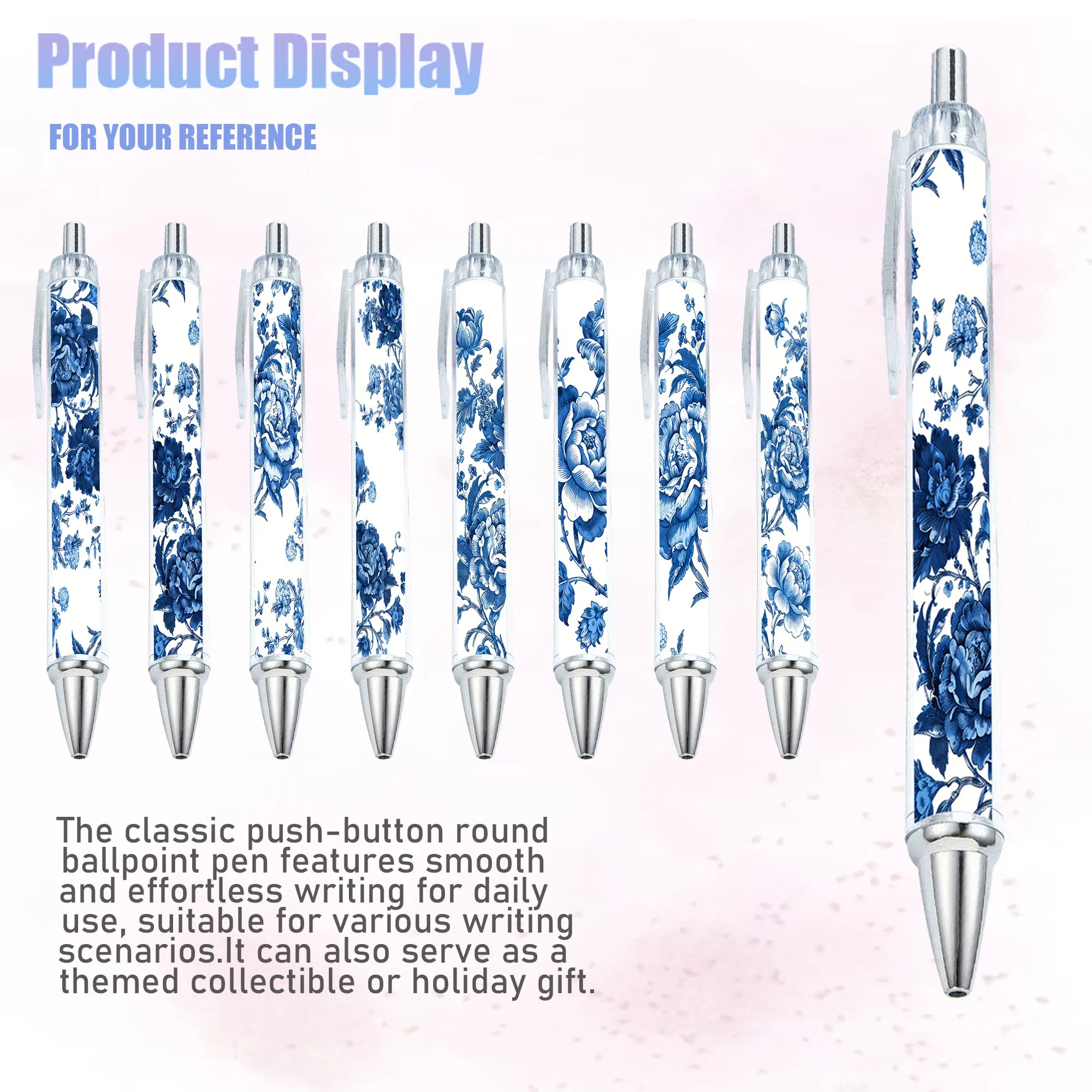 8 Stück/6 Stück kreativer blauer Kugelschreiber mit traditionellem Blumenmuster, für Studenten, zum Schreiben von Unterschriften, für Büro und Schule
