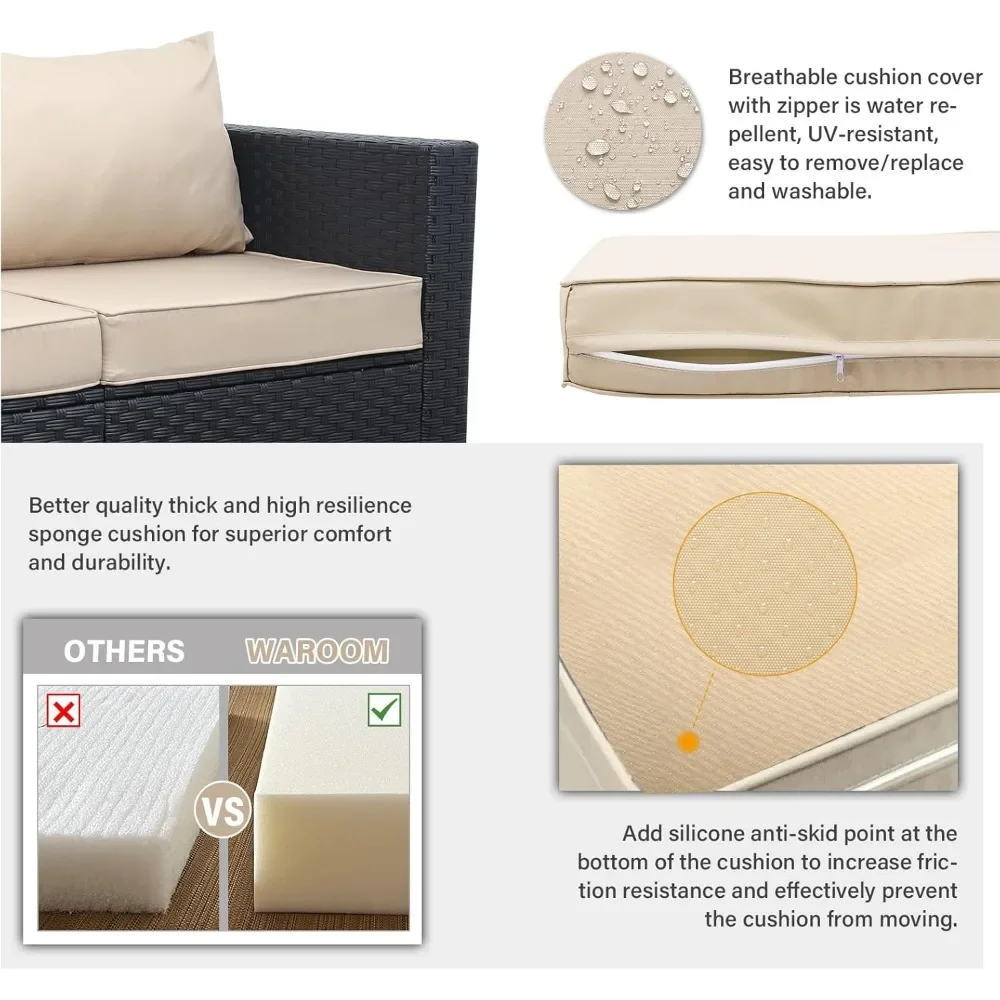 4 Piece Rattan Sectional Conversation Couch Set with Storage Box Glass Top Table and Anti-Slip Cushion, PE Wicker Furniture Set