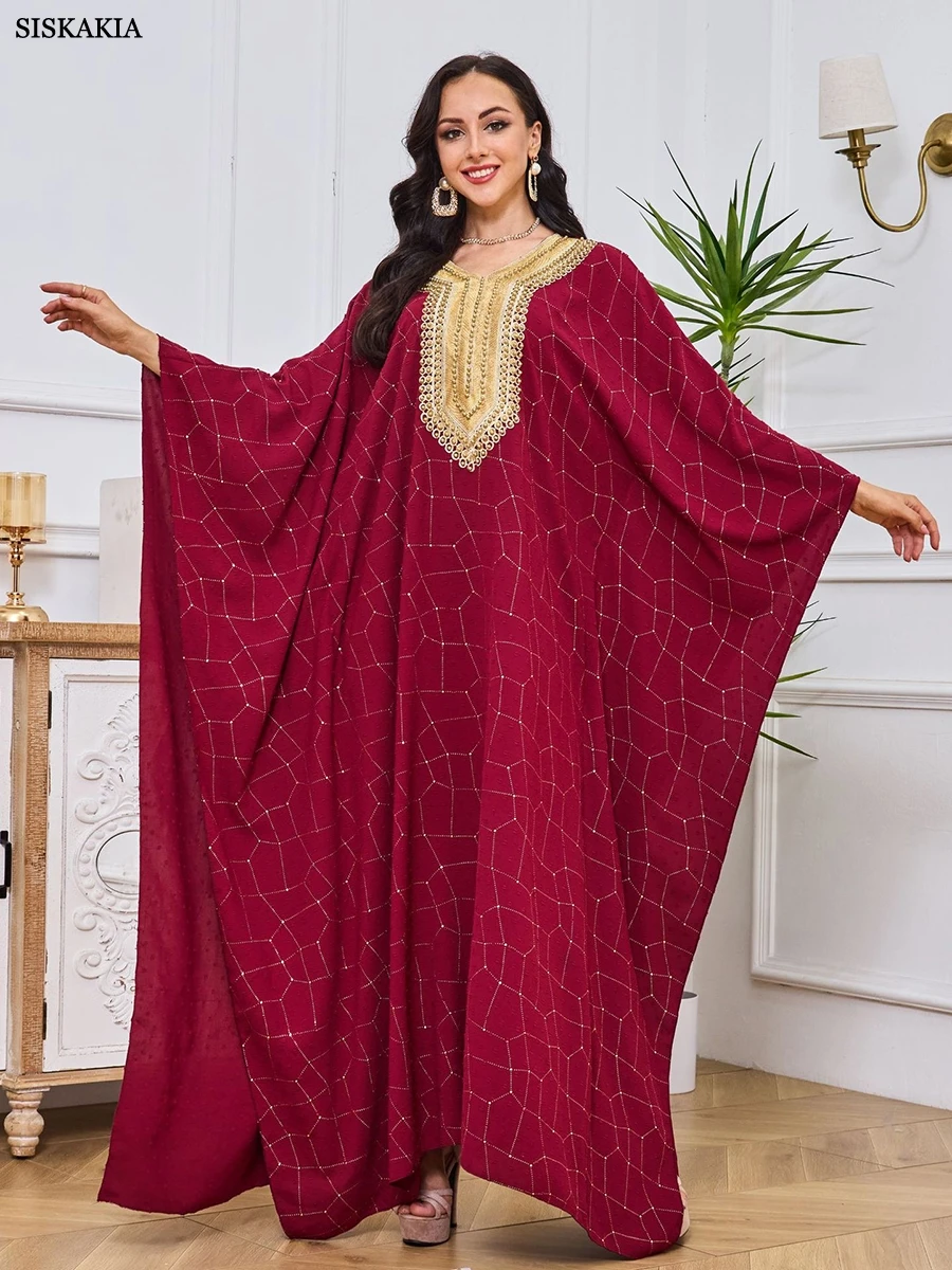 Siskakia Fashion Long Dress Dubai Abayas For Female Beading Batwing Sleeve V-Neck Belted Clothing Elegant Muslim Costumes Woman