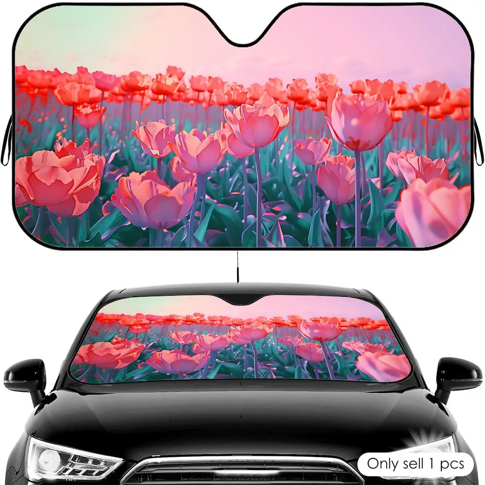 Pink Tulips Green Field Sun Visor Foldable Universal Car Windshield Sun Shade UV Protection Heat Insulation Foldable Cover
