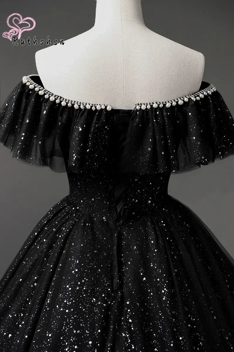 Shimmering Black Ball Gown Prom Dresses Long 2023 Pearls Beaded Off Shoulder Evening Party Occasion Vestidos De Noche