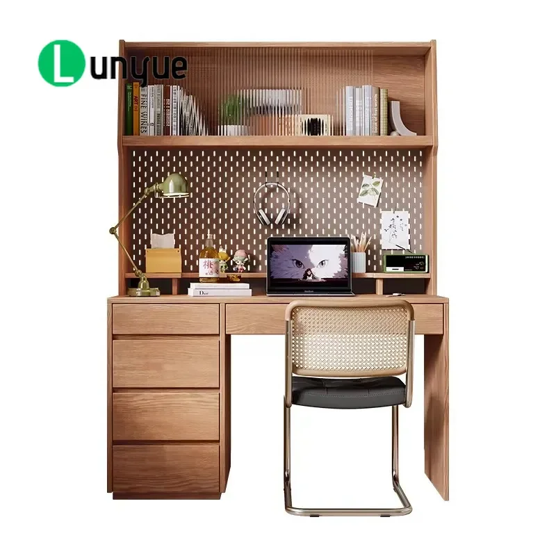 Solid Wood Desk with Bookshelf Integrated Computer Study Table for Bedroom Home Office with Drawers Storage Rustic Log Style