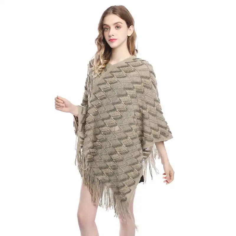 2024 Women's Mid-Length Fashion Z-Shaped Casual All-Matching Tassel Cape and Shawl V-neck Knitted Sweater for Women