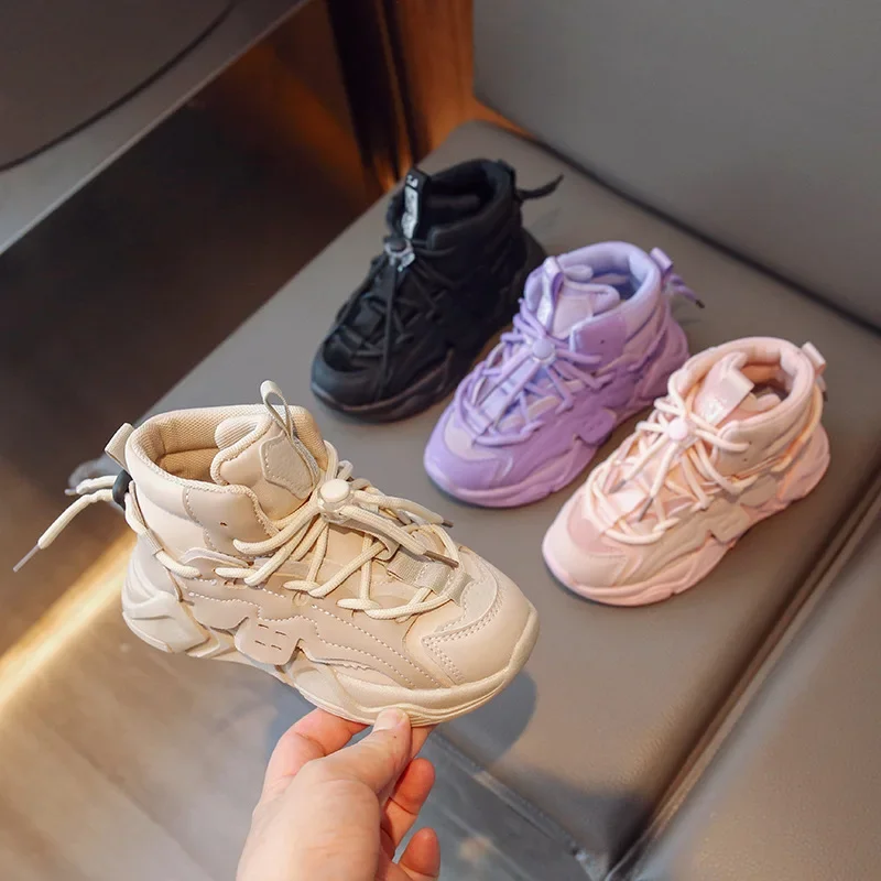 Girls High-top Sneakers Lace-up 2023 New Children Fashion Casual Shoes Drop Shipping Boys Sport Shoes Versatile Soft Kids Shoes