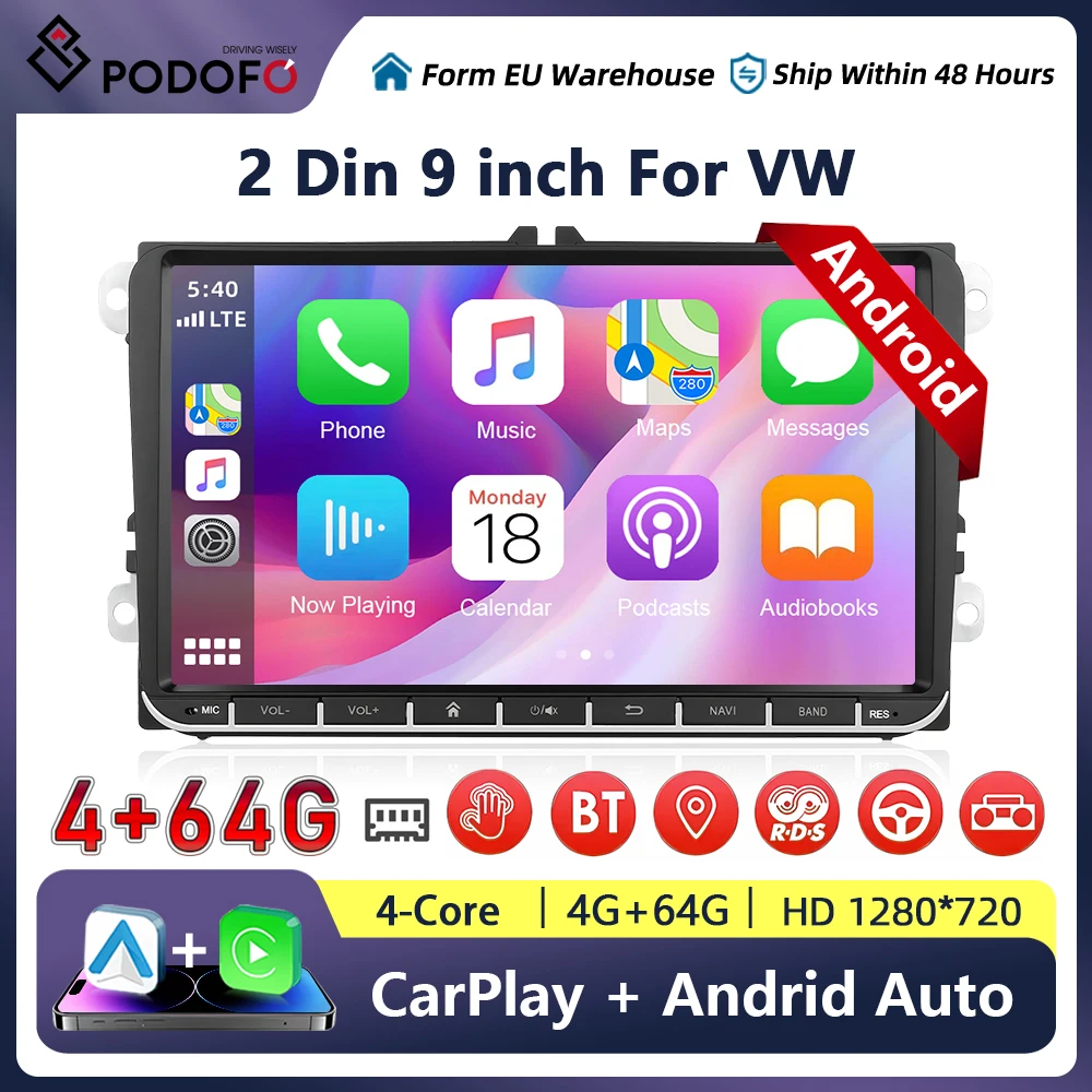 Podofo 9“ 4+64G Android HD Car Multimedia Player With Carplay/Auto WIFI GPS FM/RDS Mirror Link Smart Voice Split Screen For VW