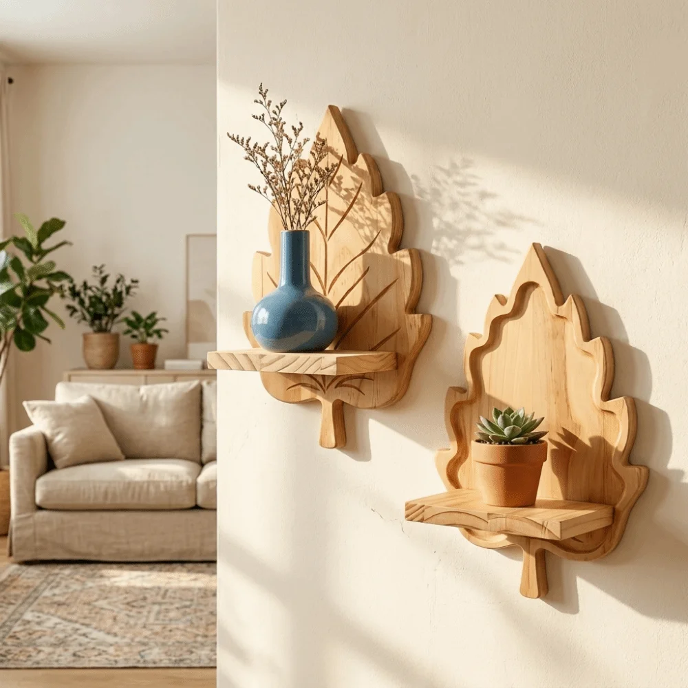Wooden Maple Leaf Wall Shelf Nature Style Stable Wall Mounted Leaf Shelf Decorative with Screws Wooden Leaf Floating Shelf