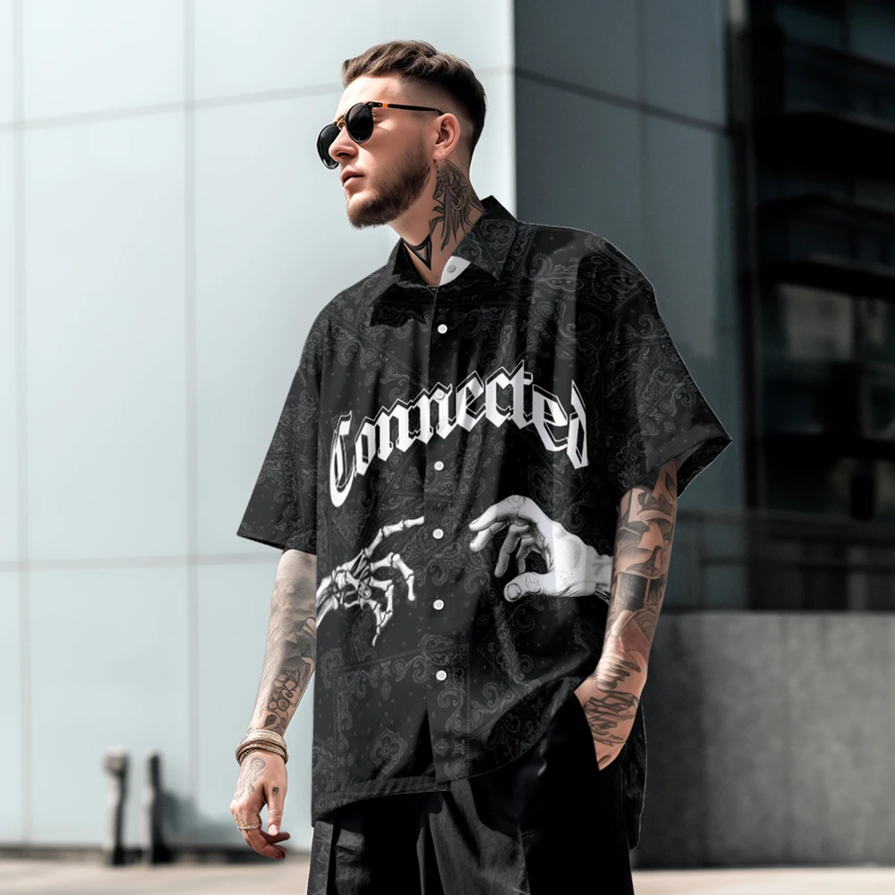 

Street style simple Presbyterian print summer thin men's short-sleeved shirt loose large size lapel T-shirt top