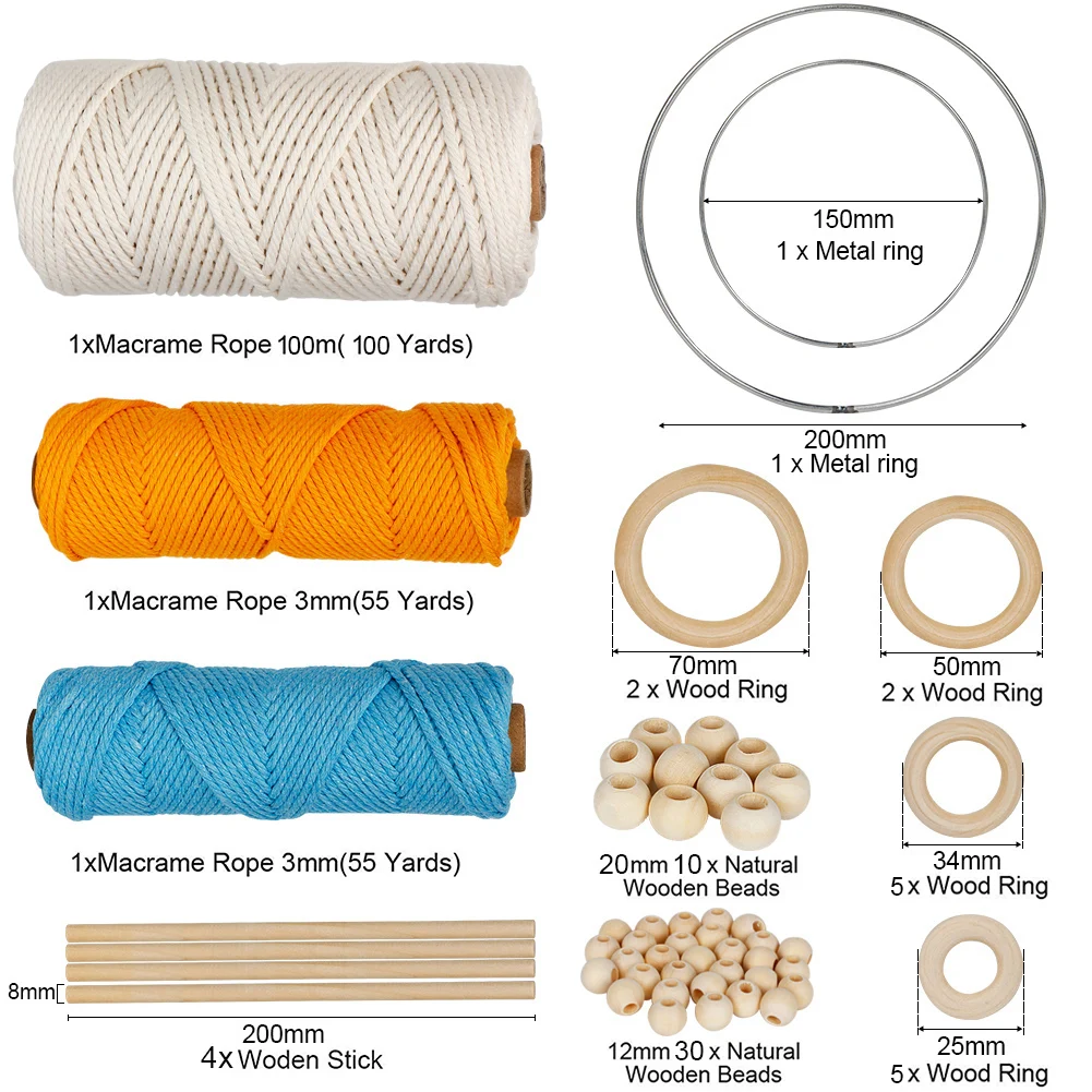 Cotton Rope DIY Kit With Wood Ring Wood Stick Accessories Kit Wall Hanging Plant Hanger Beige 100m Blue 50m Yellow 50m