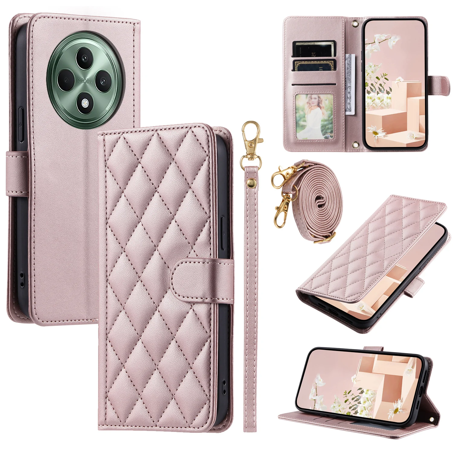 

For OPPO Reno12F Phone Case Crossbody Back Long Lanyard Silicone Protective Case Flip Leather Case