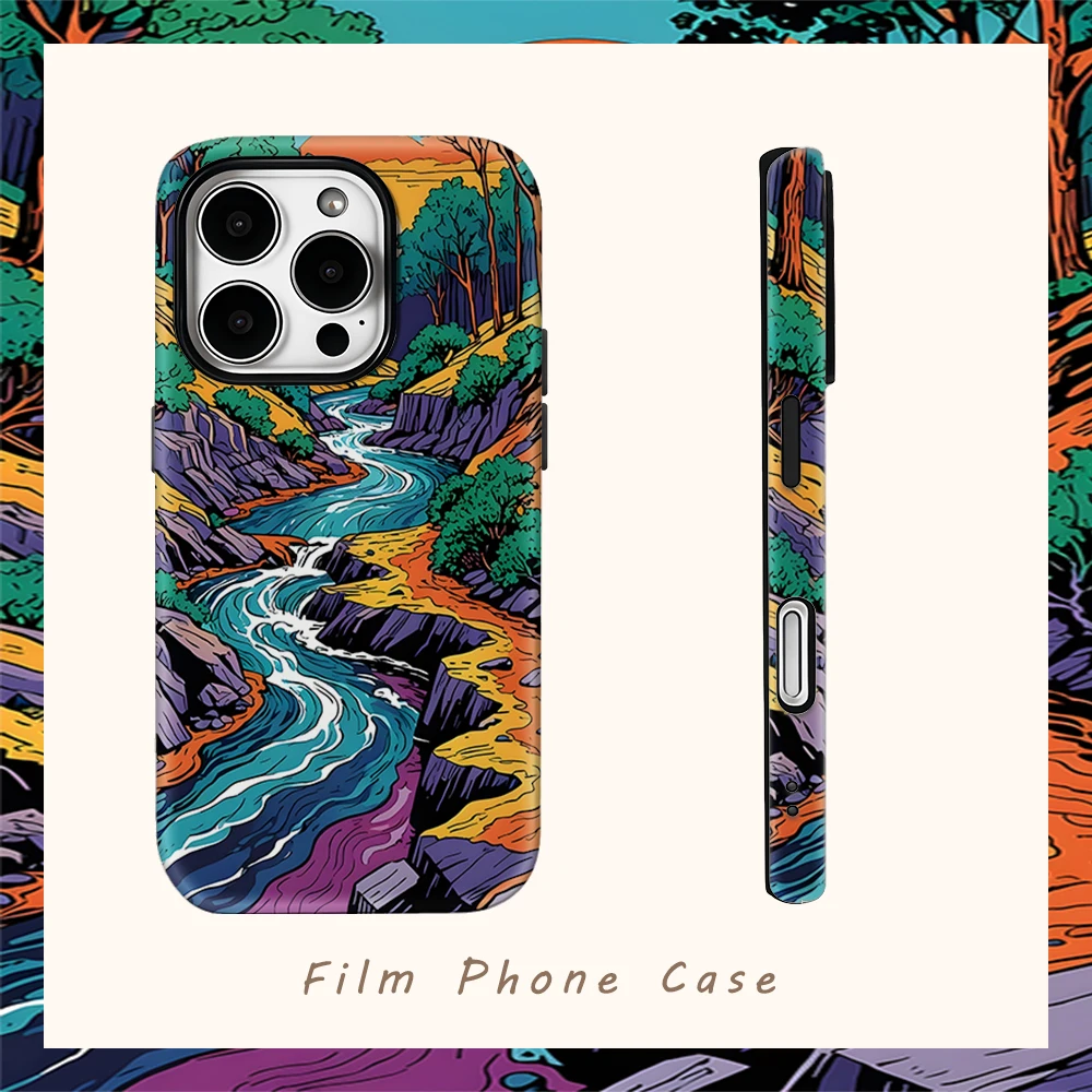 

Retro River Valley Landscape Phone Case for IPhone 17AIR 16E 16 15 14 13 12 11 17 Pro Max Plus Double-layer Back Cover