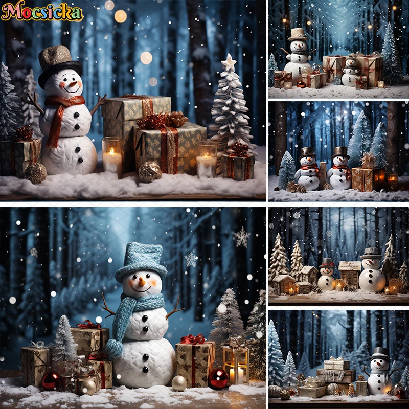 Winter Christmas Snowman Backdrop Snowflake Xmas Tree Forest Gift Box Decor Kids Portrait Cake Smash Photography Backgrounds