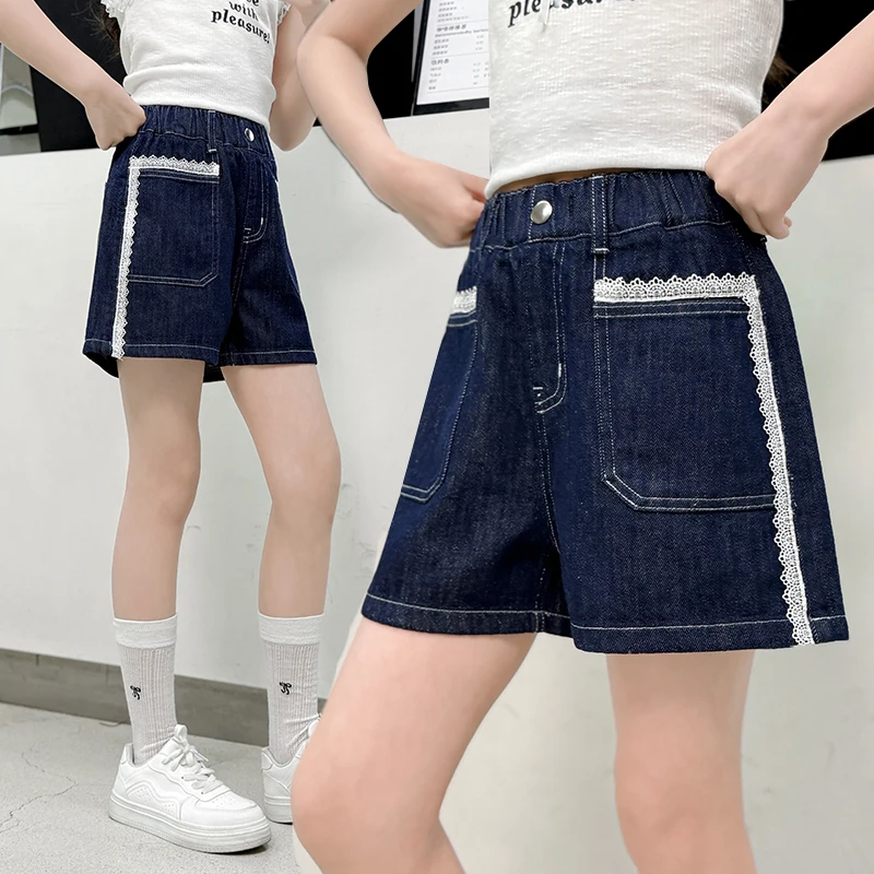 2025 New Summer Children Vintage Blue Plain Denim Shorts with Lace for Tween Girls Fashion Casual Mini Jeans Pants Kids 5-14 Y