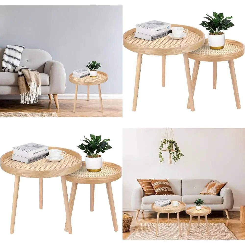 

Pair of Natural Boho-Style Rattan Coffee Tables, Mid-Century Modern Design, Suitable for Living Room, Bedroom, or Office