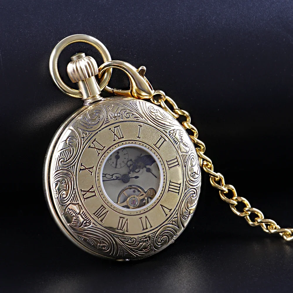 

Roman Numerals Case Mechanical Pockets Watch Gift For Men Women Unique Fashion Gold Necklace Hand Wind Pocket Fob Chain Watches