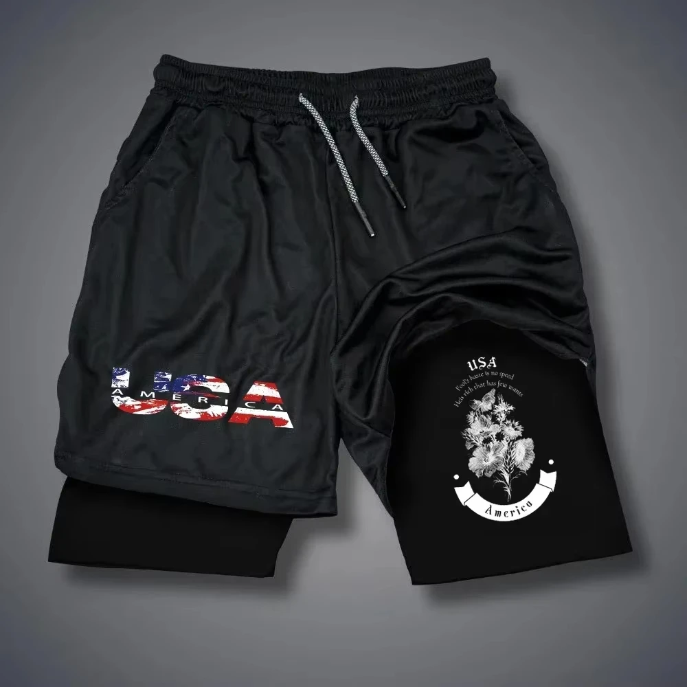 2025 الإبداعية الكتابة على الجدران الطباعة الرجال رياضة اللياقة البدنية الرياضة مزدوجة تنفس السراويل موضة عادية 2 في 1 السراويل خط M-3X