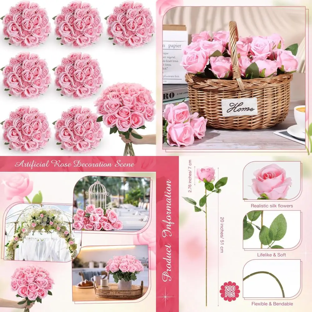

Realistic Artificial Silk Roses Bulk Set - 200 Pcs Long Stemmed Fake Flowers for Weddings and Table Arrangements