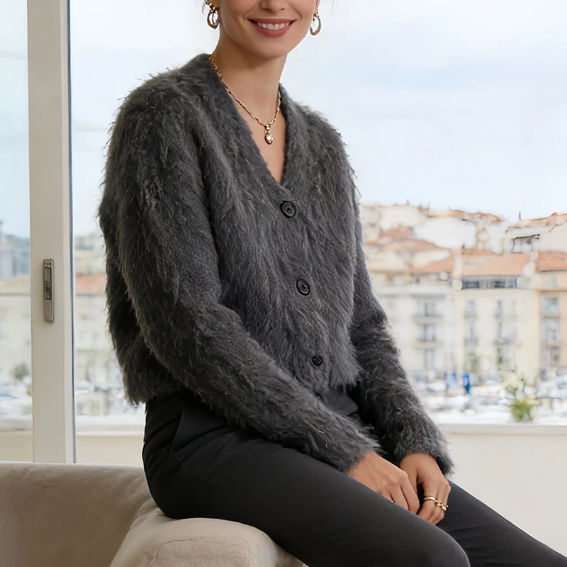 Woman Clothes Plush V Neck Cardigan For Women Single Row Black Buttons Short Length Soft And Casual Long Sleeve Top For Work