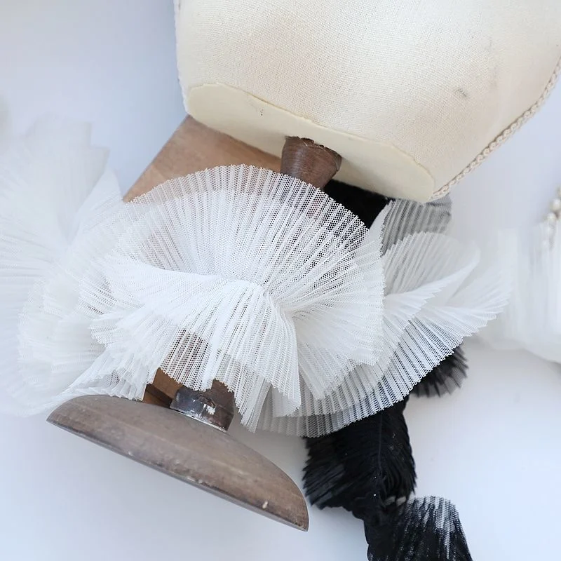 8CM Wide White Black Double Layers Frilled Mesh 3d Pleated Lace Fabric Needlework Fringed Ribbon Dress Headwear DIY Sewing Decor