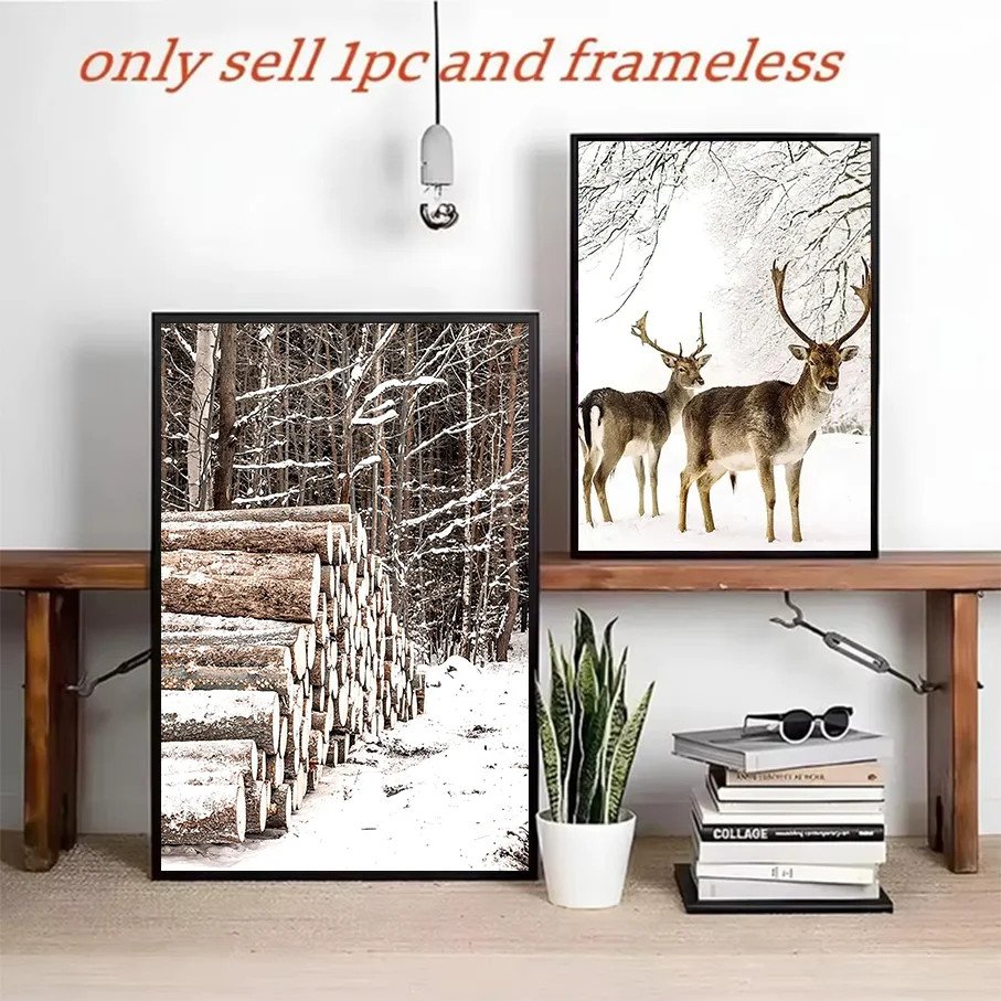 Frameless Canvas Painting Winter Forest Snowy Deer Logs Wall Art Nursery Kids Room Decor Picture Home Decor