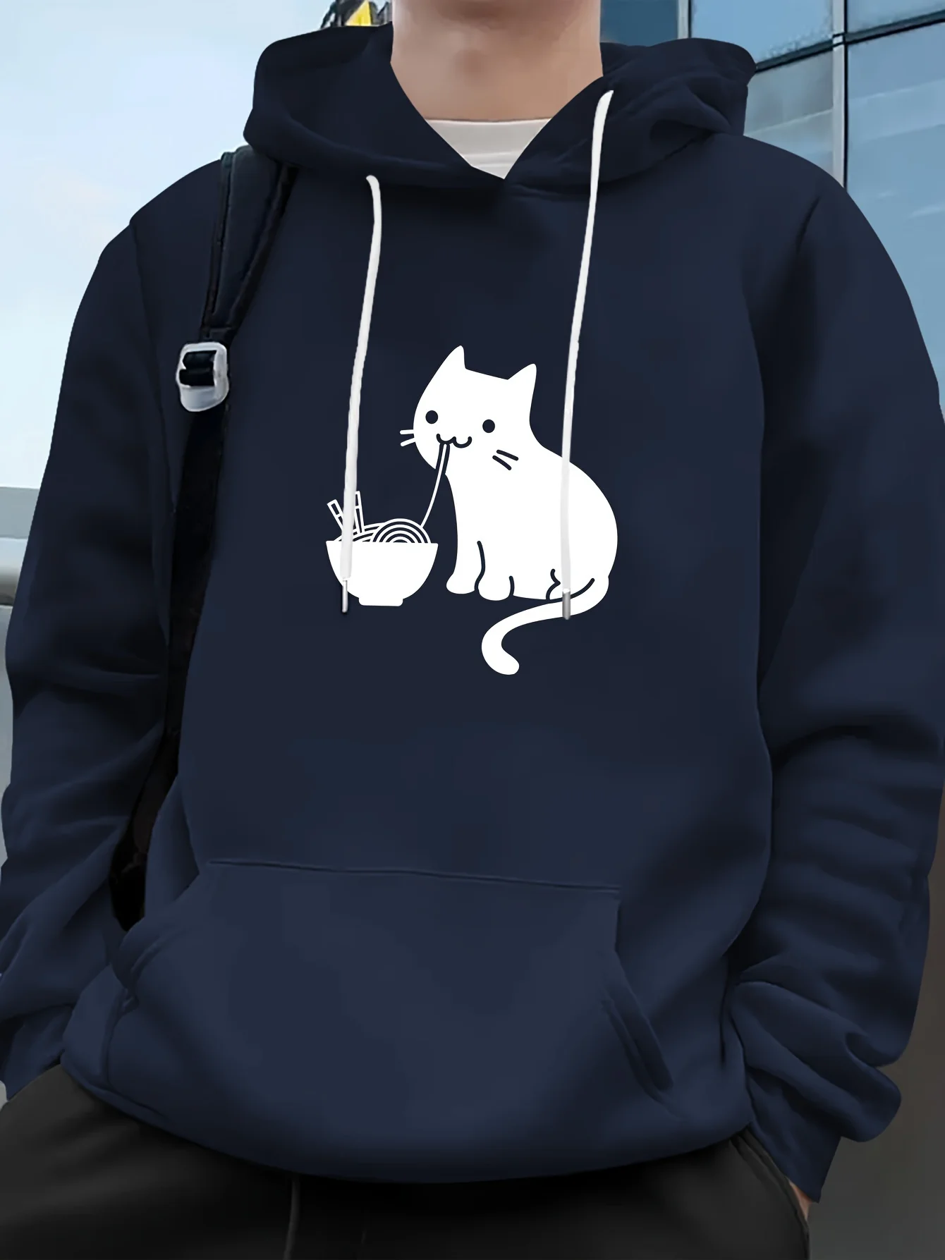 Unisex Funny Cartoon Cat Eating Noodles Hoodie Front Graphic Print Loose Long Sleeve Casual Street Fleece Pullover Sweatshirt