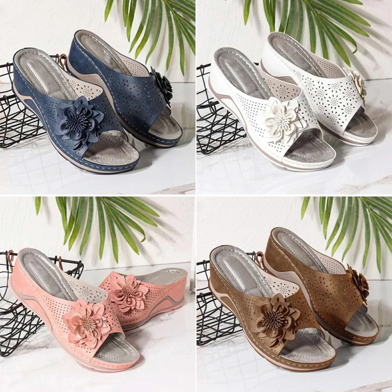 Suede Leather Soft Footbed Orthopedic Arch-Support Sandals For Women Flower Hollow Design Summer Beach Shoes Female Wedges Shoe
