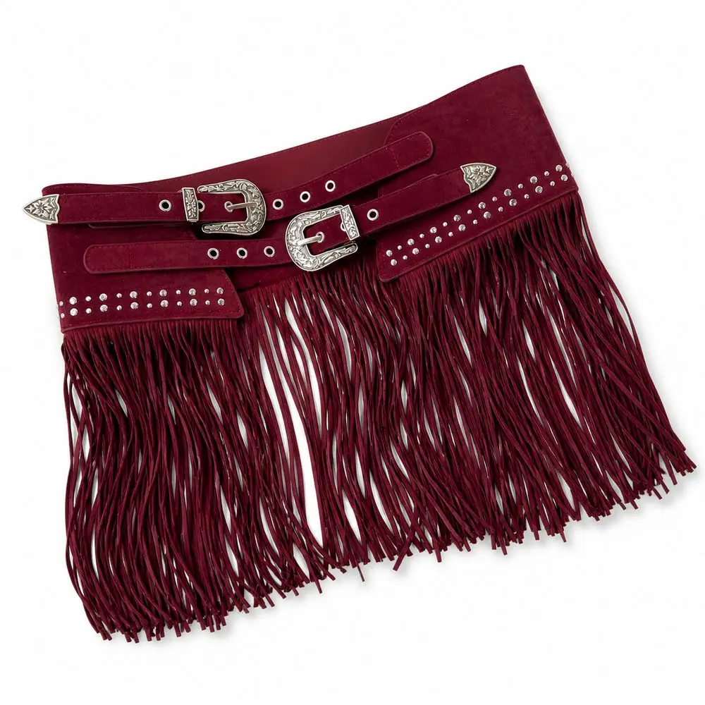Soft Matte Look Western Waist Belt Extra Wide Rivet Decor Double Buckle Belt Suede Material Fringe Waist Belt