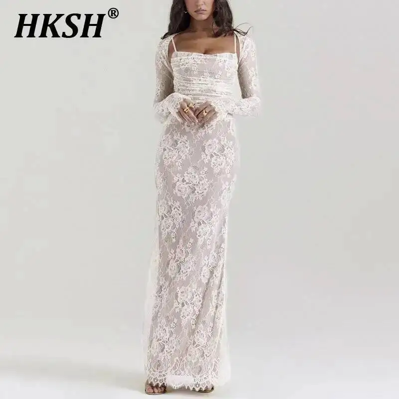 

HKSH Новые летние женские сексуальные модные кружевные платья с цветочным принтом, костюмы с длинным рукавом, короткий топ без бретелек, облегающие платья без рукавов HK5307