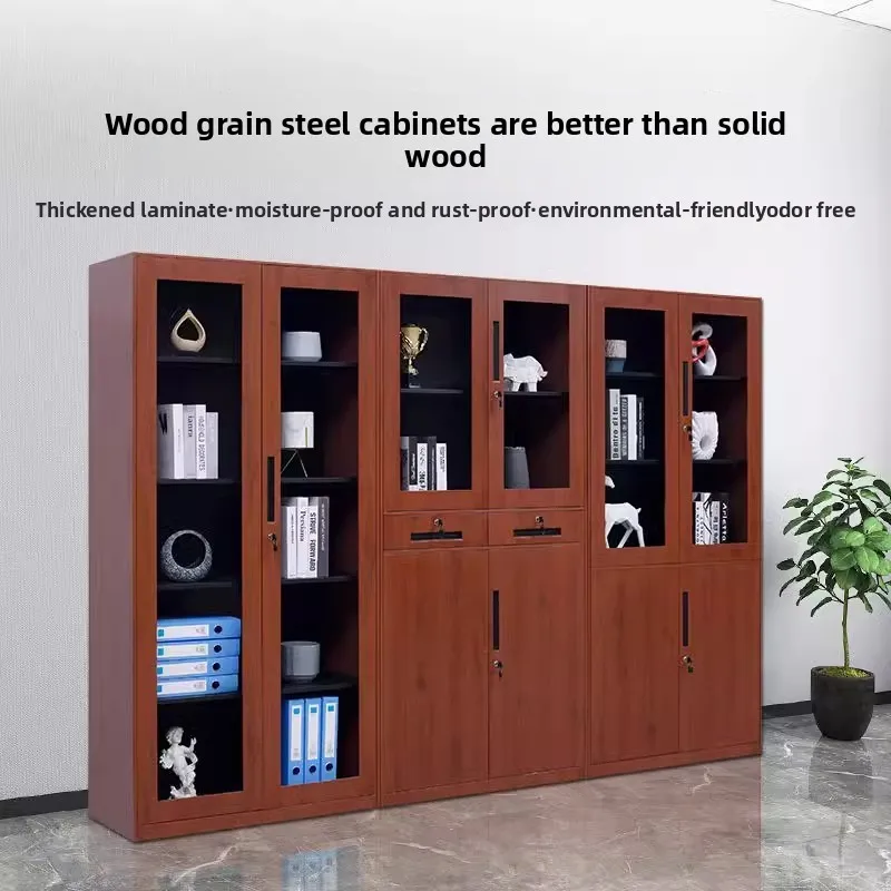 Wood grain transfer Imitation wood office Steel cabinet File cabinet Five-door bookcase Glass  Mahoga