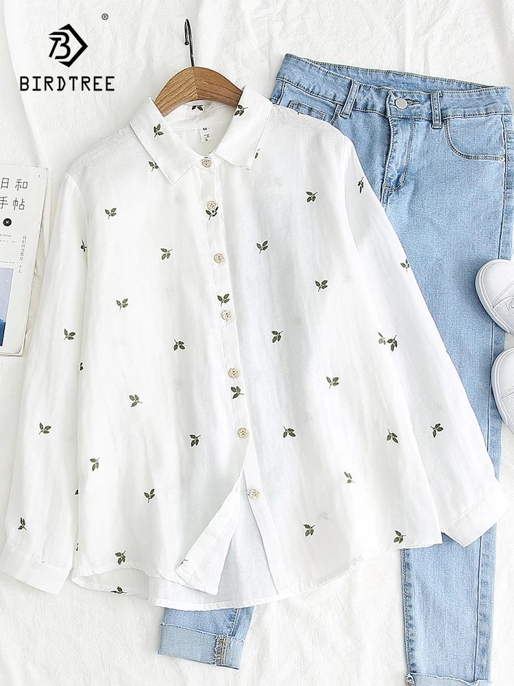 Cotton Shirts Women Turn Down Collar Embroidery Long Sleeve Button Tops Girl\'s Office Work Loose Blouse Spring Fall T37515JC