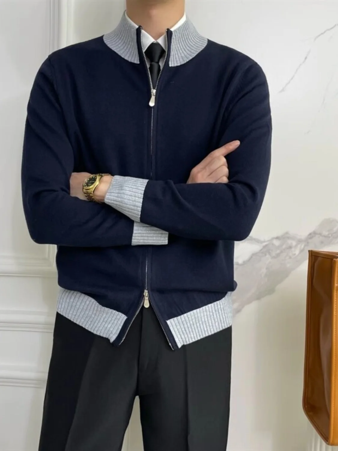 

Модный удобный трикотаж с двойной молнией, мужской облегающий кардиган с воротником-стойкой, модный универсальный осенне-зимний свитер