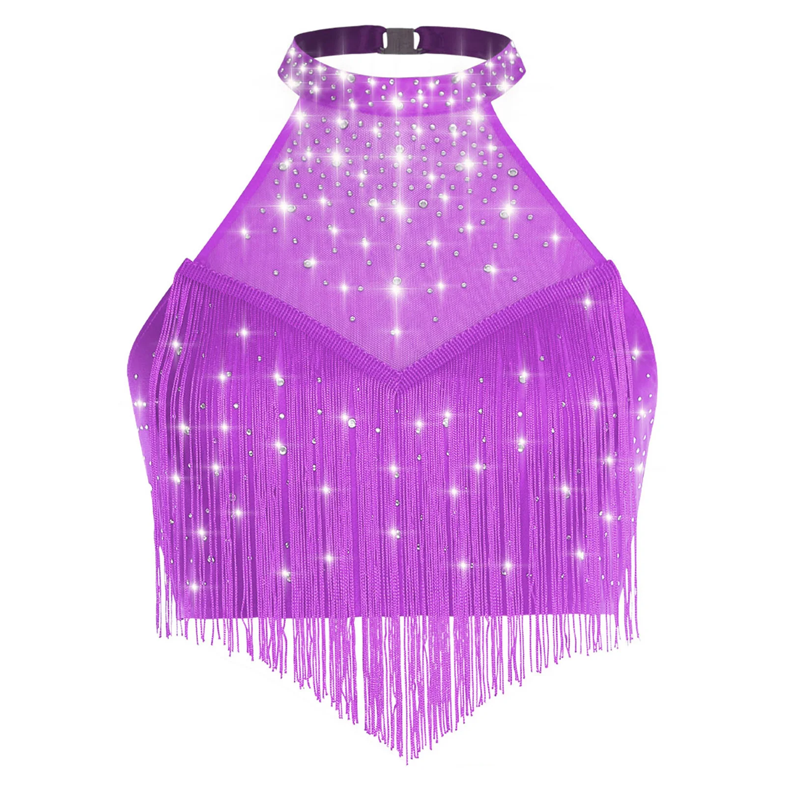 

Womens Stage Ballroom Dance Performance Costume Halter Sheer Mesh Belly Crop Tops Salsa Samba Belly Dance Outfit Belly Dancewear