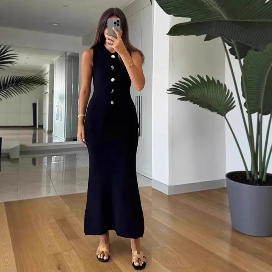 Mouwloze bodycon-top met ronde hals, enkele rij knopen en kunsknuffelende lange rok, 2-delige set Dameskleding Veelzijdige formele outfit