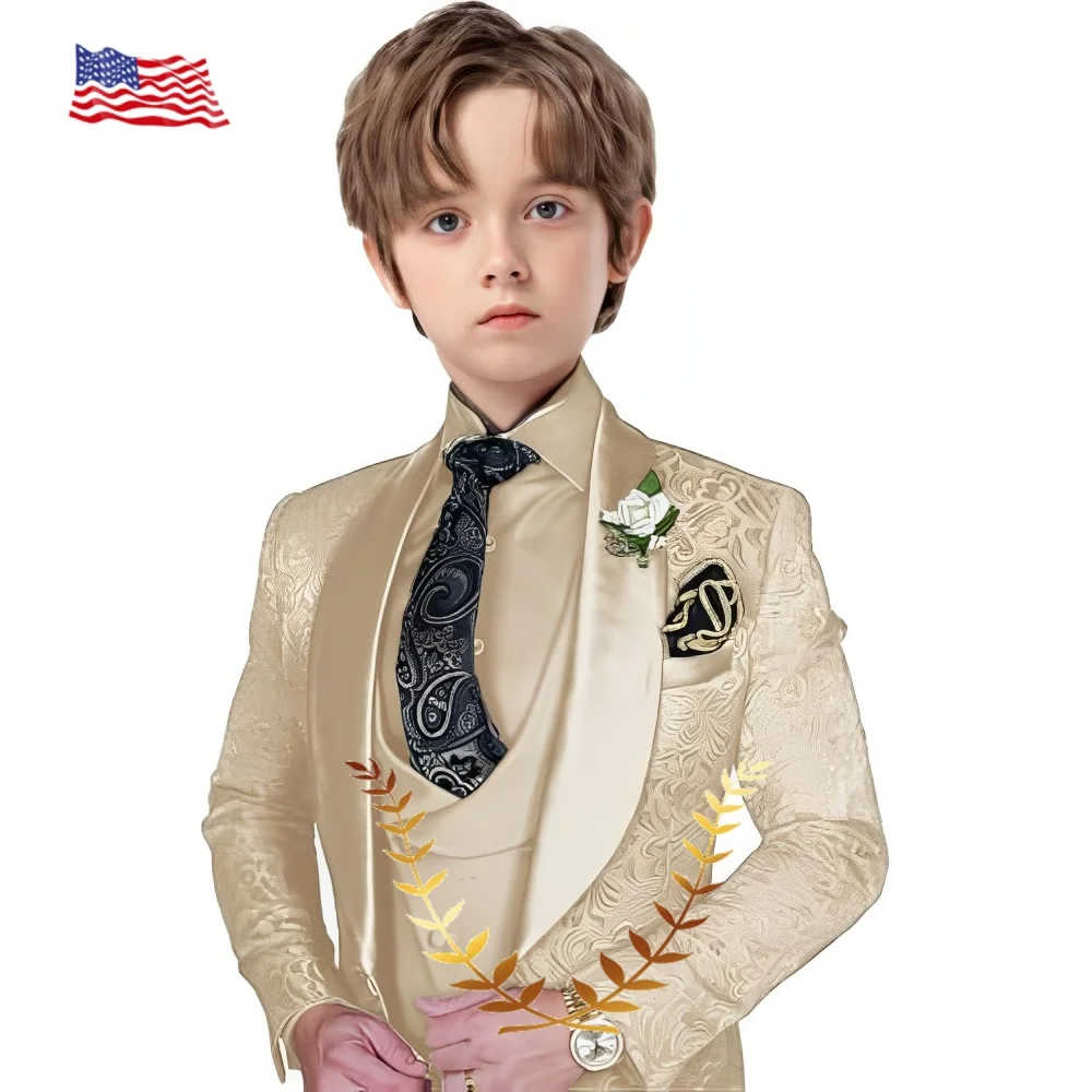 Jacquard Boy's 3-piece Suit Set Floral Pattern Party Dress Formal Kid's Tuxedo Elegant Boy Blazer Customized Outfit