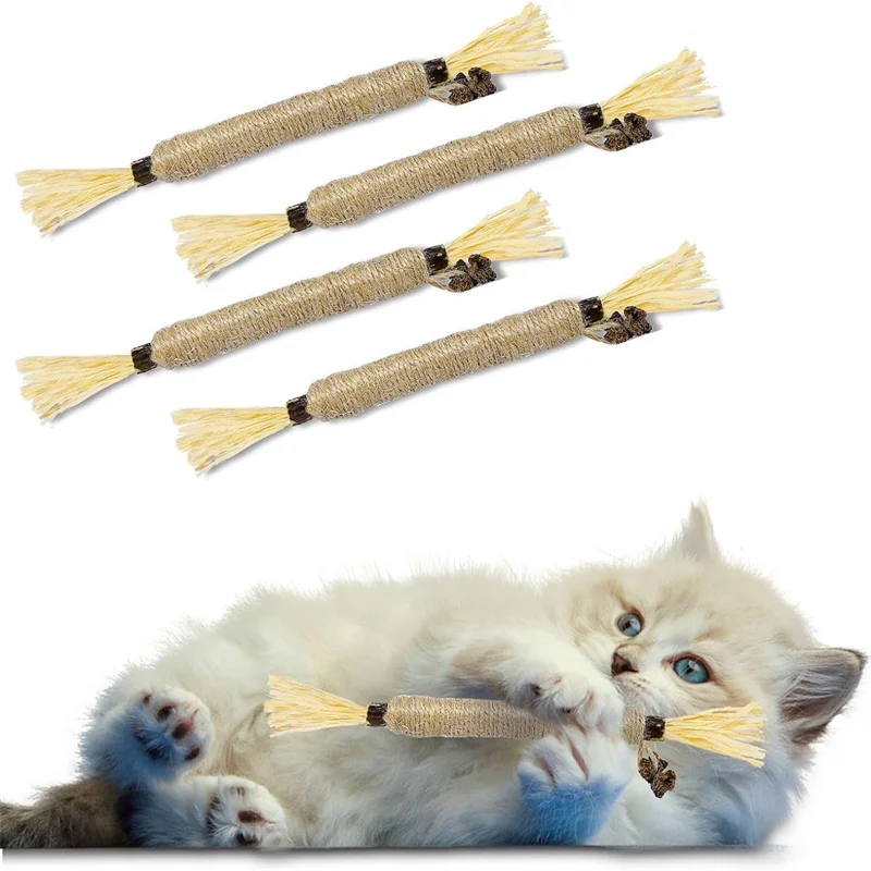 4 Pcs Cat Toys Silvervine Chew Stick Polygonum Kitty Raffia Grass Pet Supplies Cleaning Teeth Stick Pet Bite Cat Toy Hemp Rope