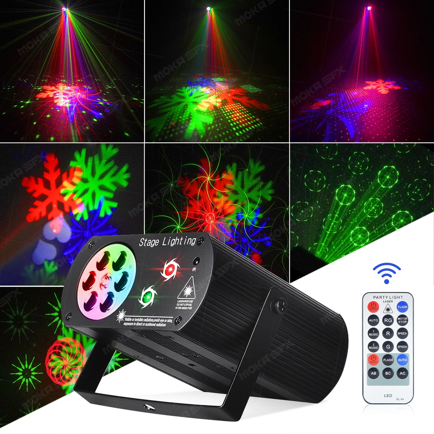 MOKA DJ Party Light Snowflakes Laser Light 16 Patterns Remote Control LED Disco Lighting for Christmas Halloween