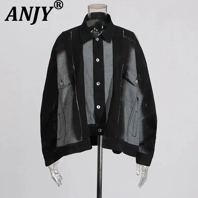 ANJY Spring Autumn New Women Dark Style Fashion Patchwork Contrast Color Frayed Design Single Breasted Trendy Denim Jacket A7972