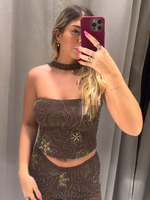 Beading Embroidery Halter Top Pants Suits Women Sexy Strapless Sleeveless Crop Tops High Waist See Through Pants New Chic Outfit