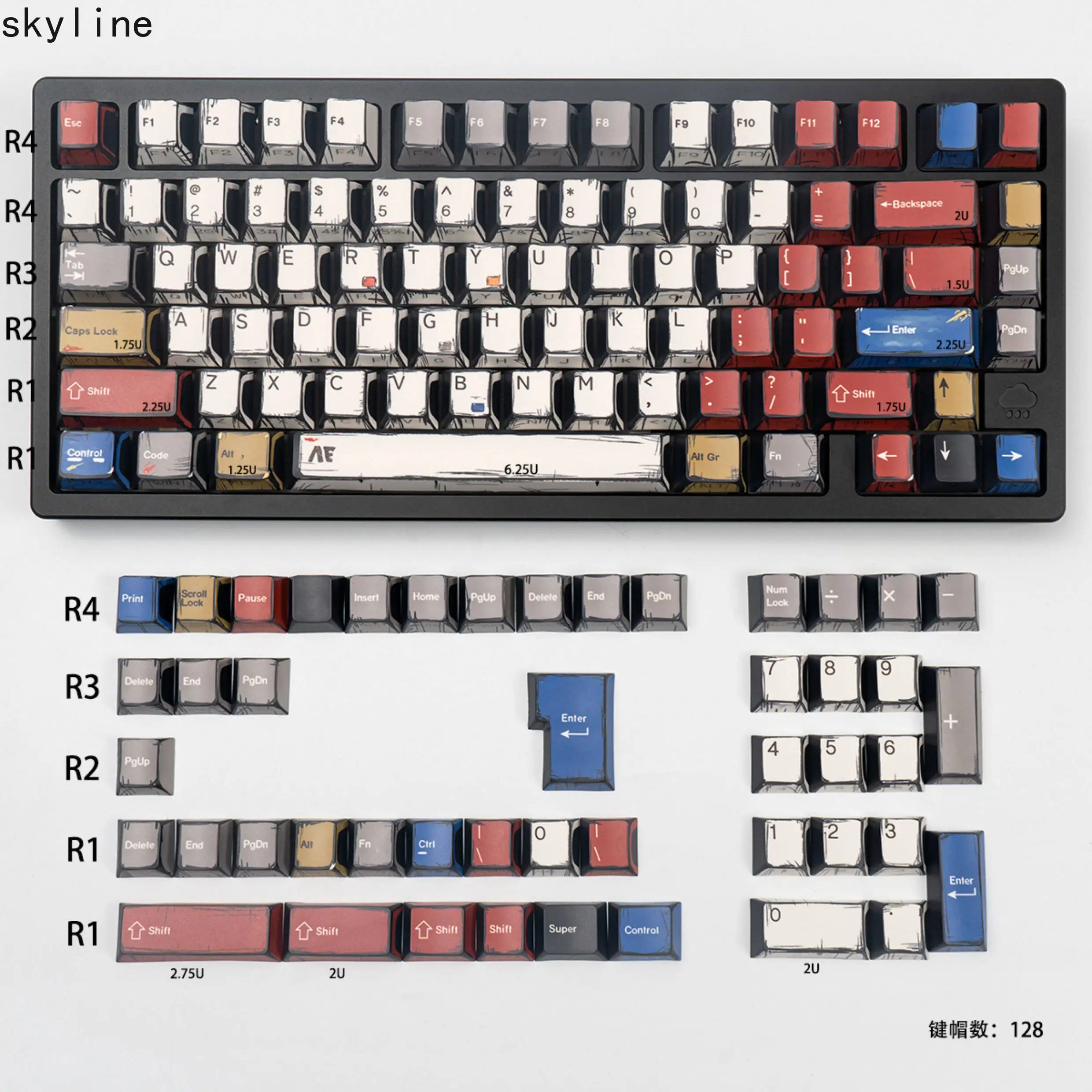 Comic wind mixed lamp keycap side transparent PBT heat sublimation full set of original factory-adapted mechanical keyboard