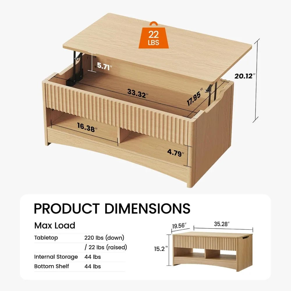 Coffee Table Fluted Lift Top, 35.2" Wood Table with Storage Shelf & Hidden Compartment, Modern Rectangle Center Table for