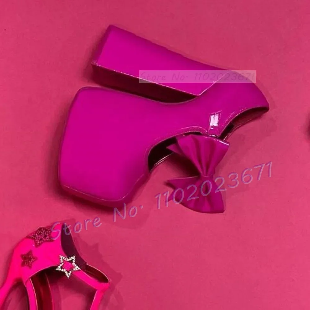 Hot Pink Patent Chunky Heel Bow Sandals Women's Evening Round Toe Platform Pumps Sweet Girl Party Cover Heel Showy Classy Shoes - view 3