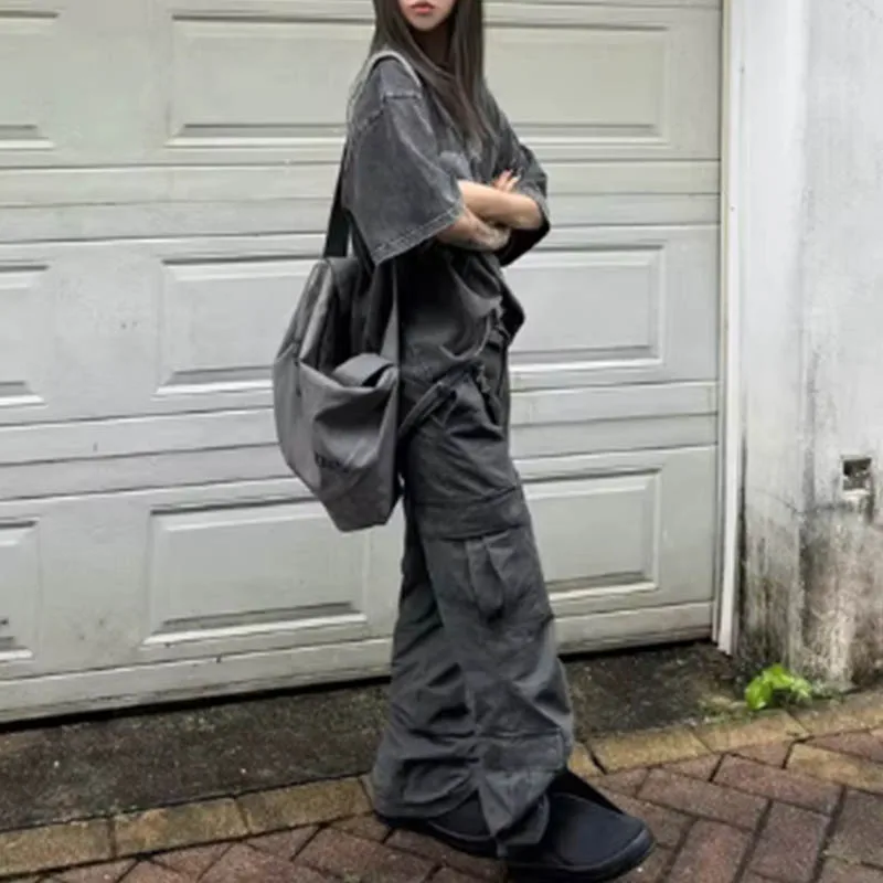 

Plus size Spring and summer vintage large pocket casual work pants with drawstring and drawstring wide leg pants for women