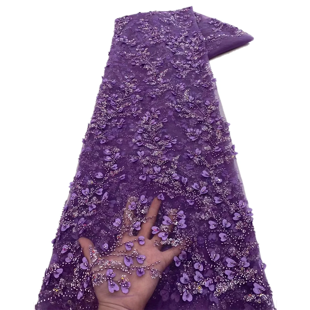 Newest Embroidery Beaded Lace Fabrics With Stones High Quality Mesh 5 Yards Fabric Luxury Beades Lace Sewing Wedding Dress Tulle