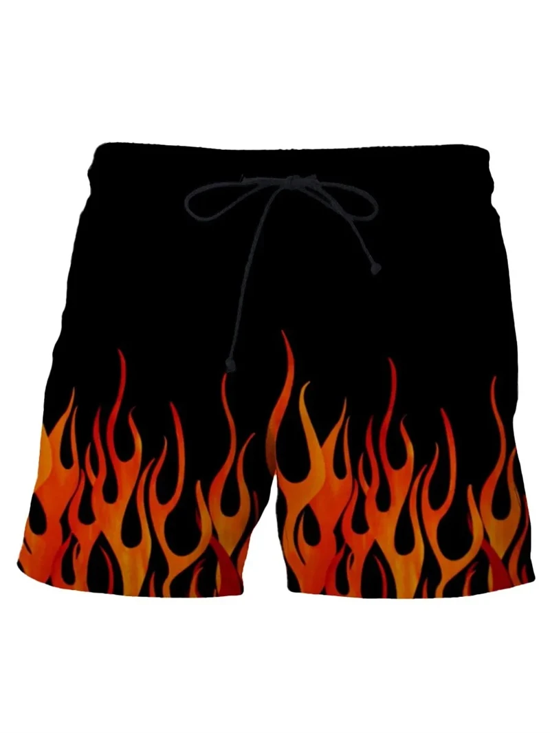 Men's Beach Shorts 3D Printed Striped Flame Pattern Board Shorts Summer Drawstring Breathable Hawaiian Swim Trunks Quick Drying