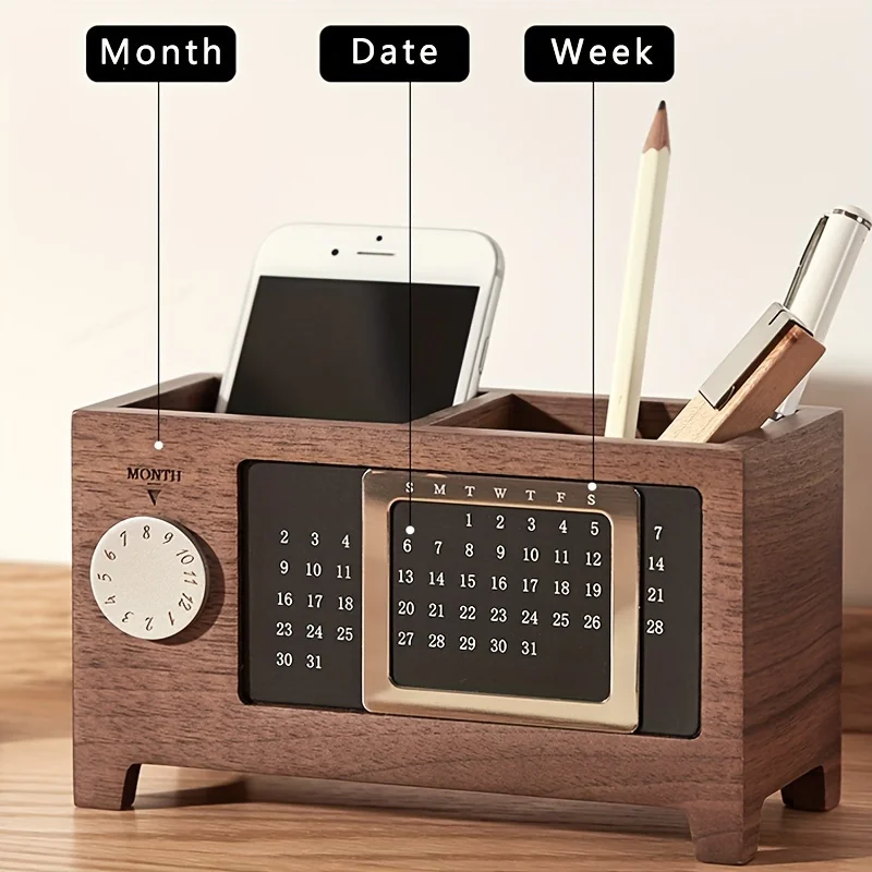 Wooden Desk Organizer With Calendar, Multifunctional Pen Holder, Office Supplies  Box, Ideal For Entryway, Living Room, Office, 